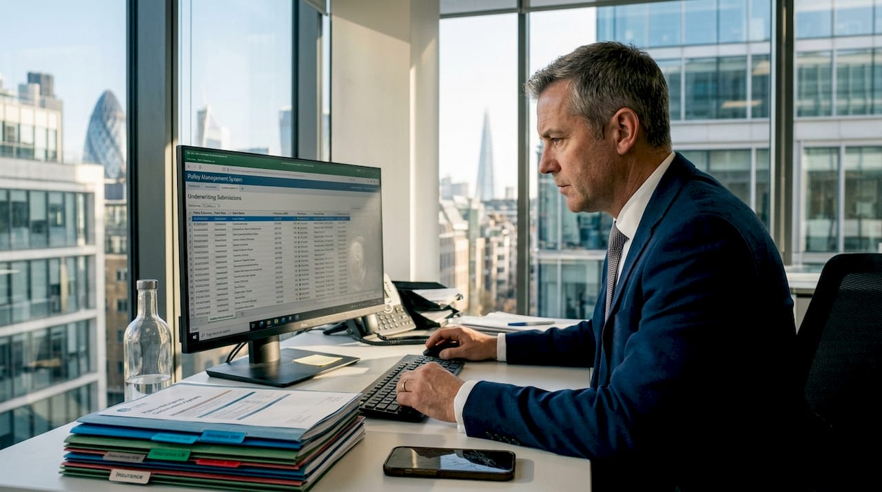 Broker working in digital insurance marketplace office