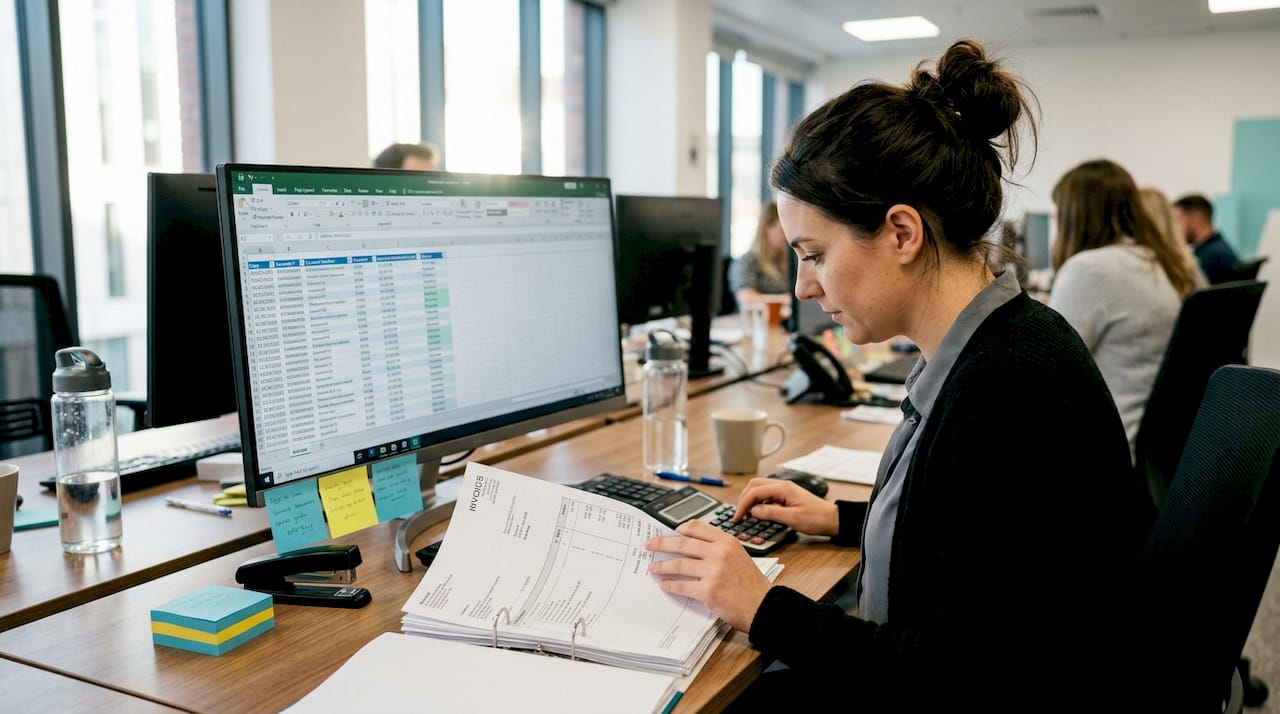 Insurance billing analyst at cluttered desk