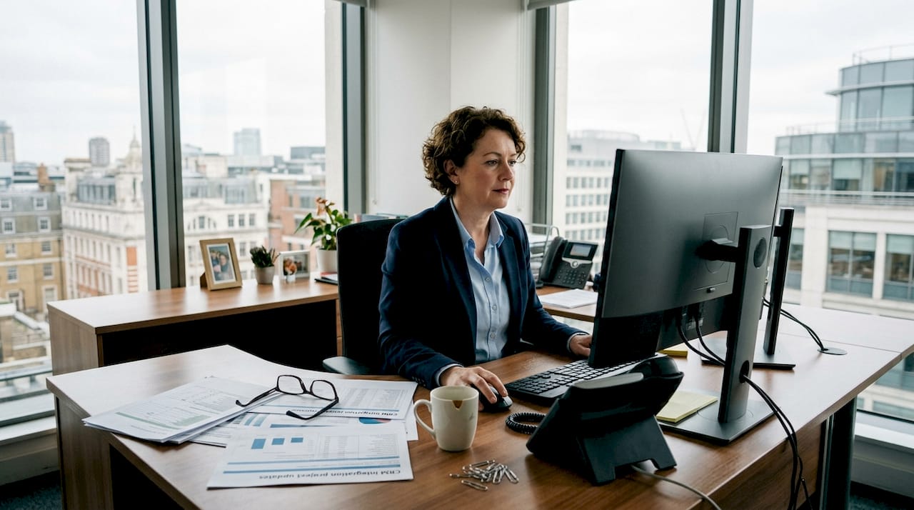 Insurance manager reviewing CRM workflow in office