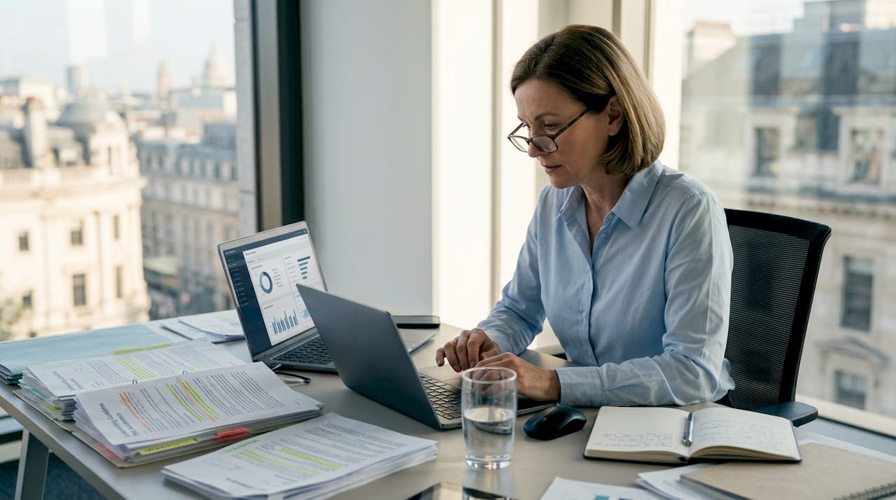 Insurance analyst reviews CRM dashboard in office
