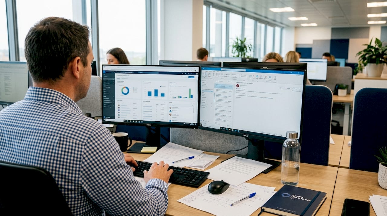 Insurance agent using CRM at busy office desk