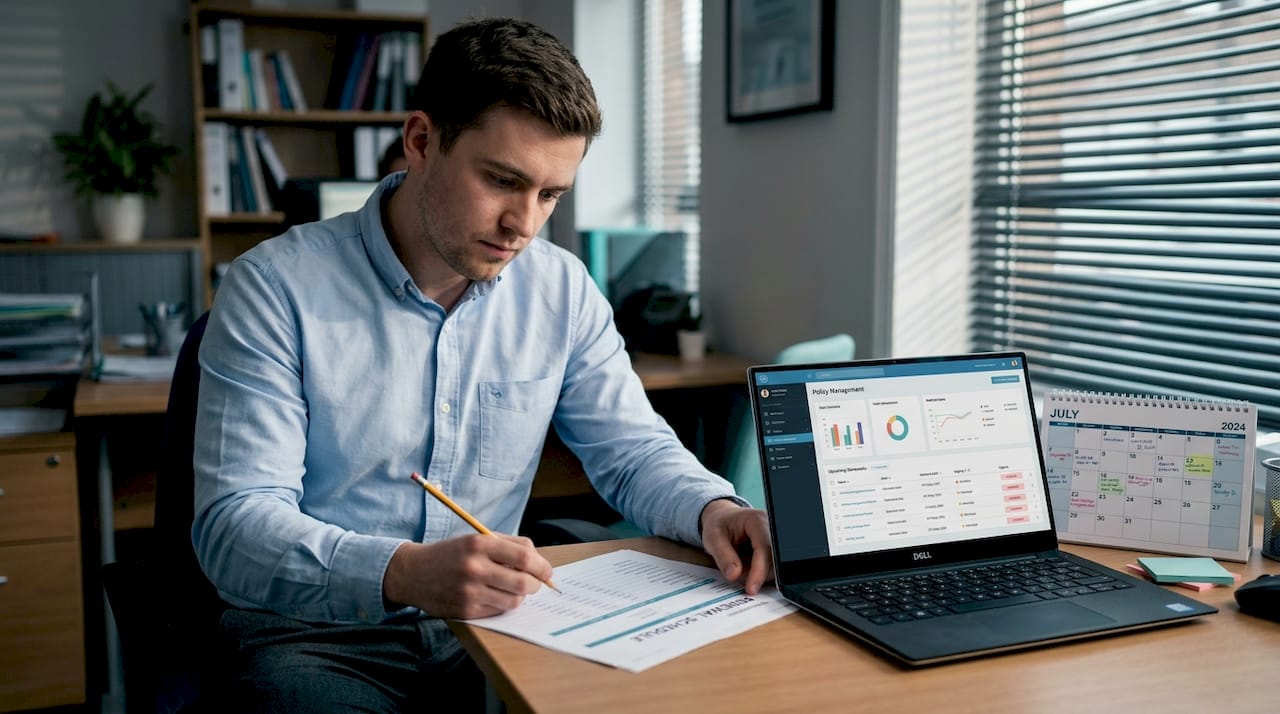 Broker reviewing insurance policy renewal schedule