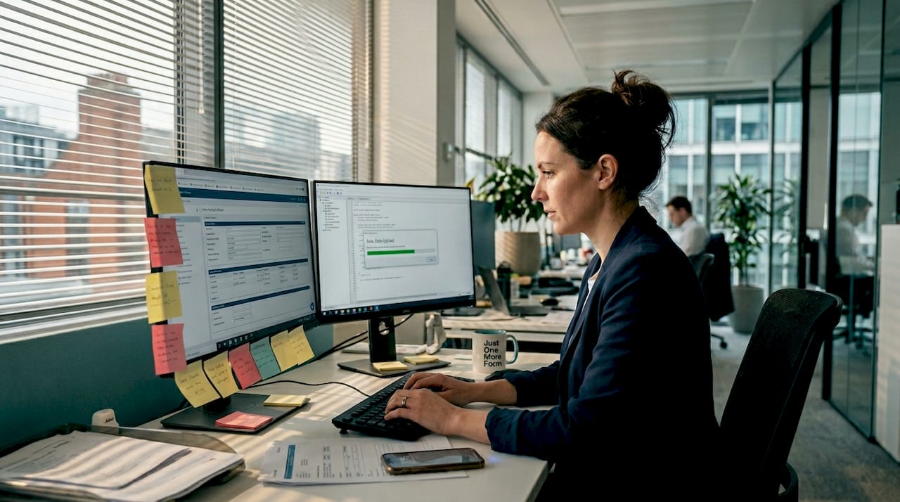 Businesswoman using underwriting automation tools