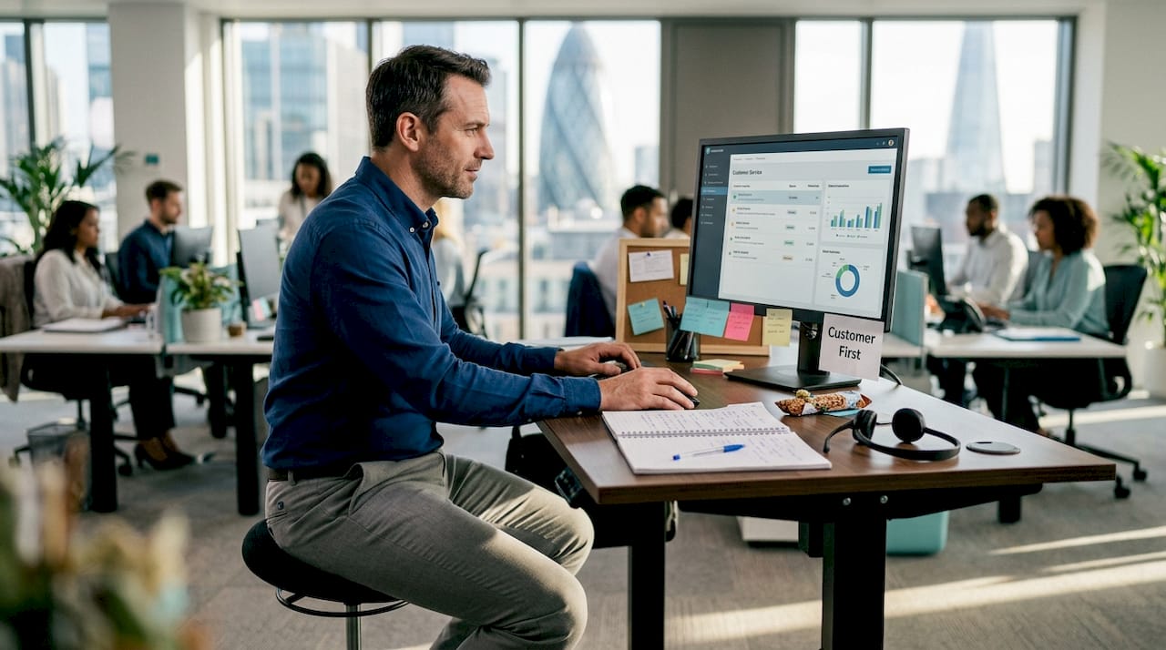 Insurance agent assisting customer at desk