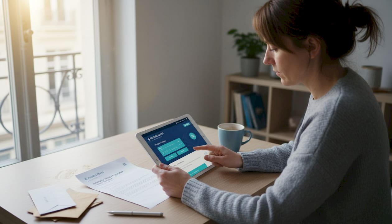 Woman using insurance portal at kitchen table