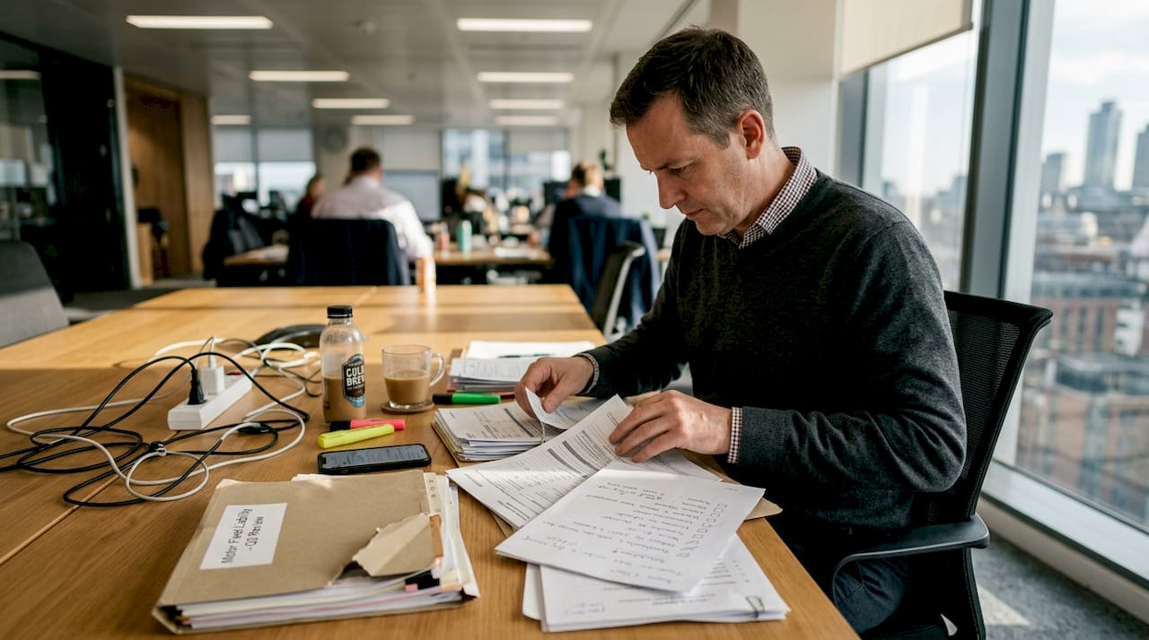 Analyst sorting complex insurance paperwork