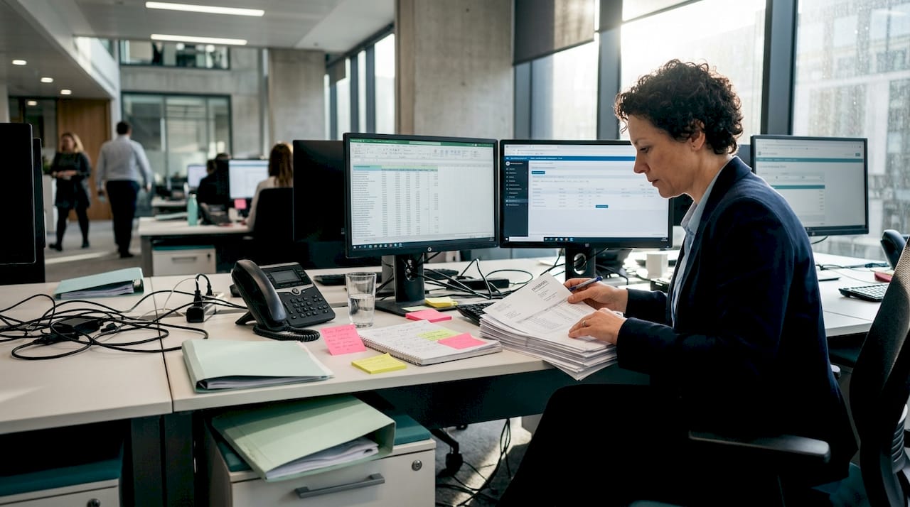 Insurance manager reviewing billing workflow at desk