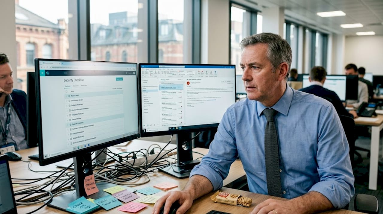 Insurance IT manager reviews security checklist