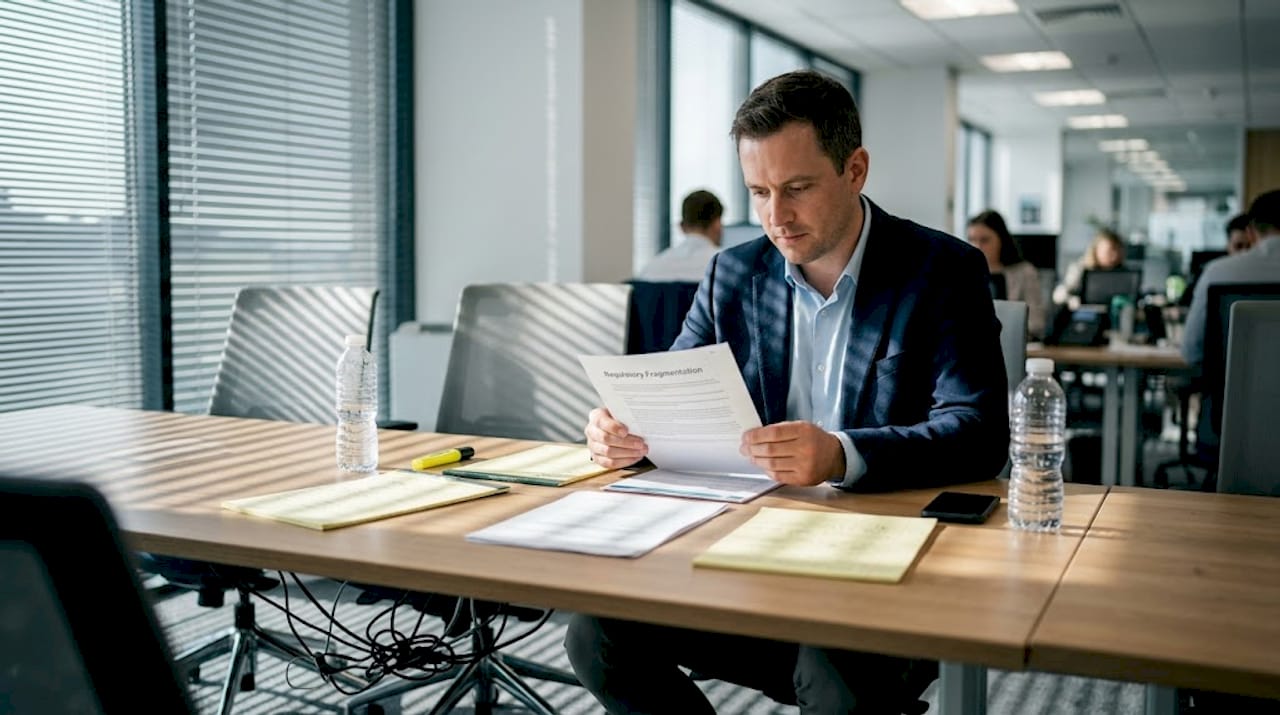 Officer reviewing fragmented regulatory paperwork