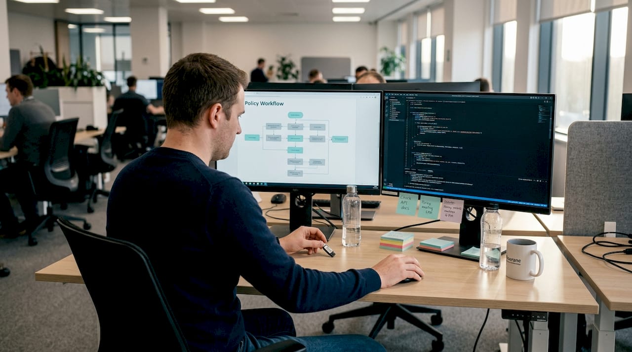 IT analyst updating insurance policy system