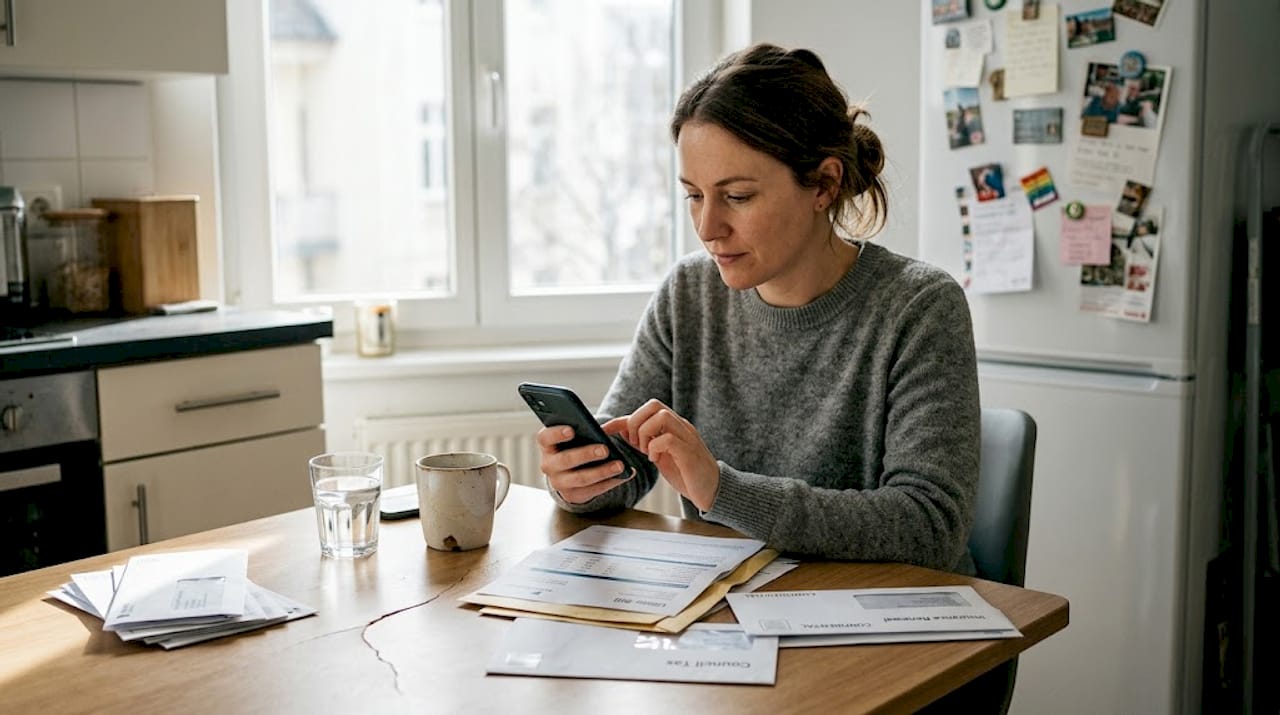 Woman using insurance app at kitchen table