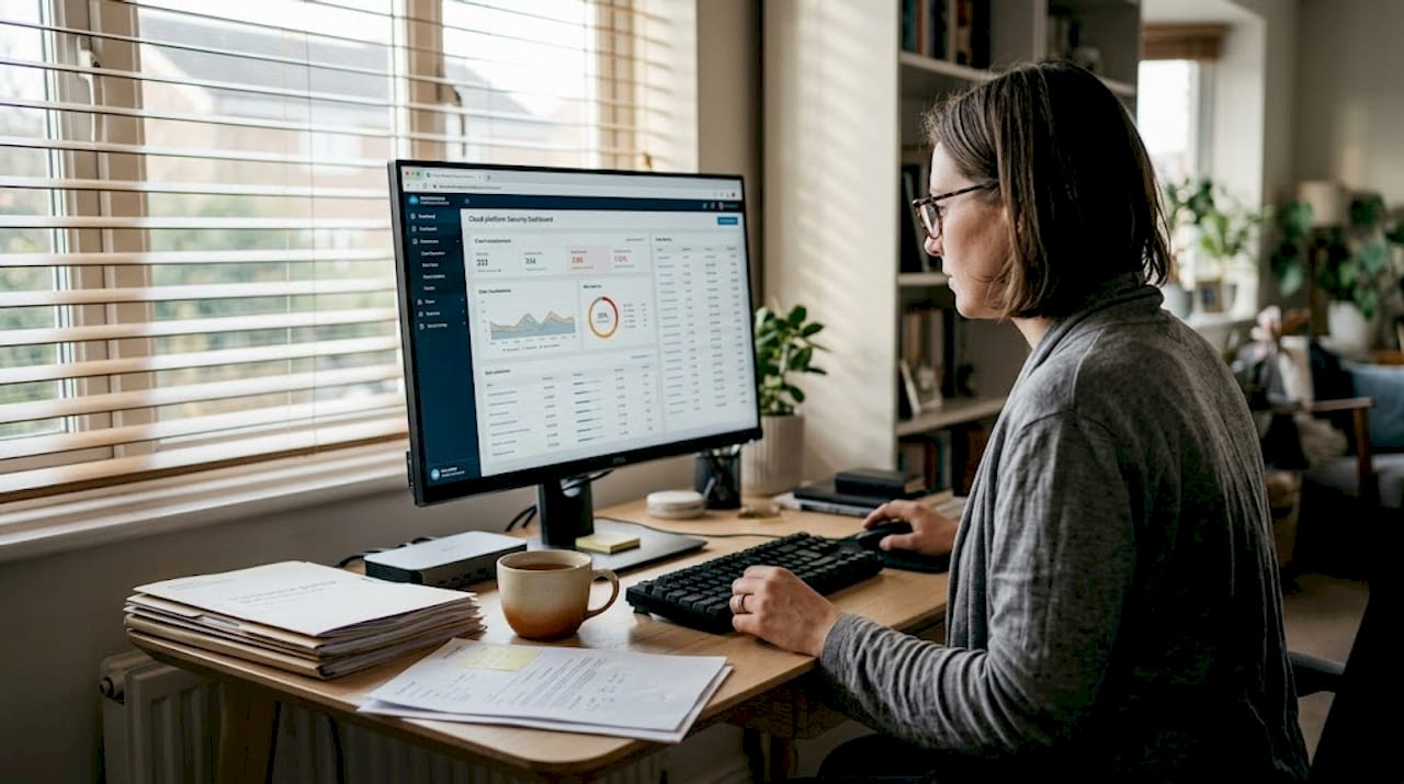 Actuary checking cloud security dashboard at desk