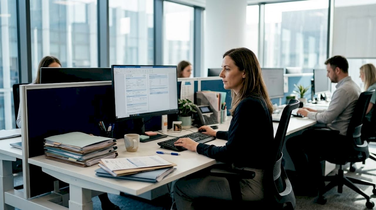 Claims adjuster reviewing policy workflows at desk