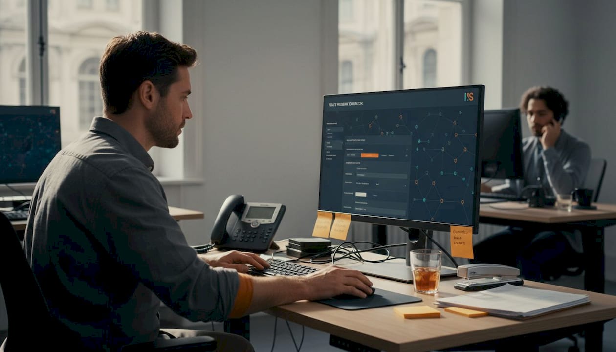 Analyst updating quote automation at busy standing desk