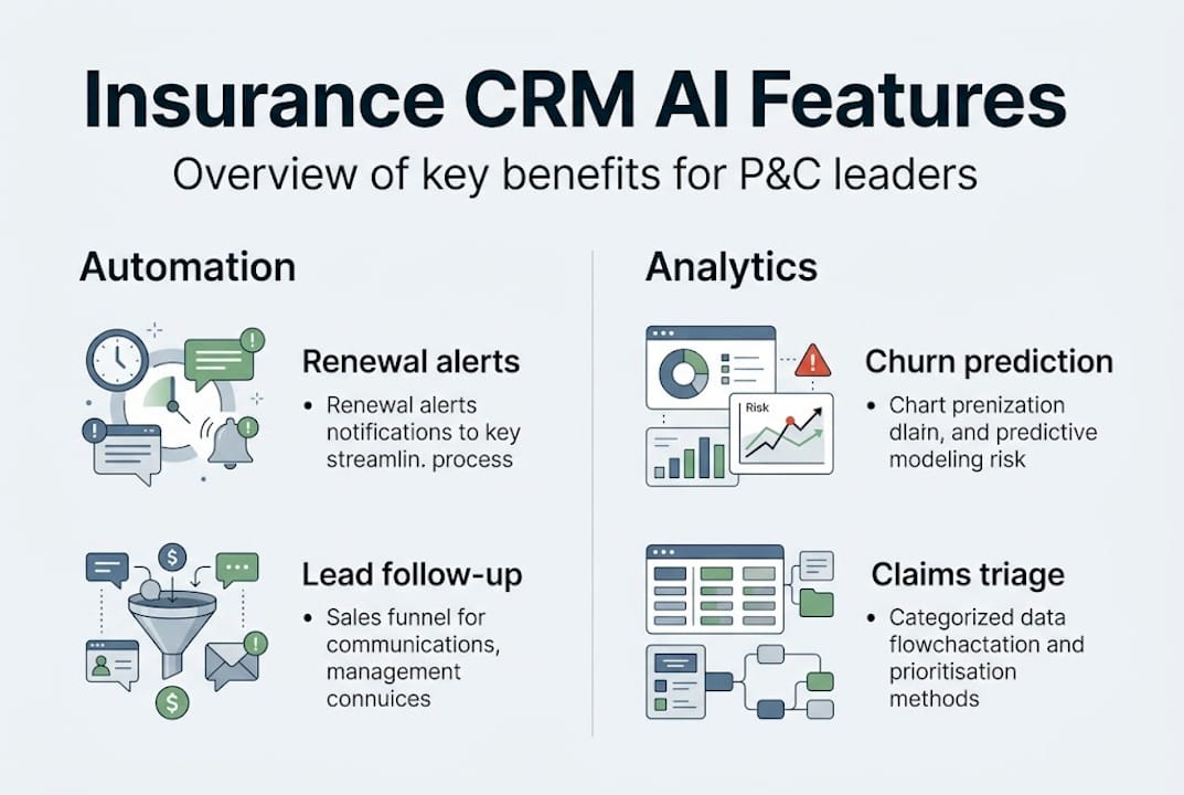 Infographic showing insurance CRM AI feature overview