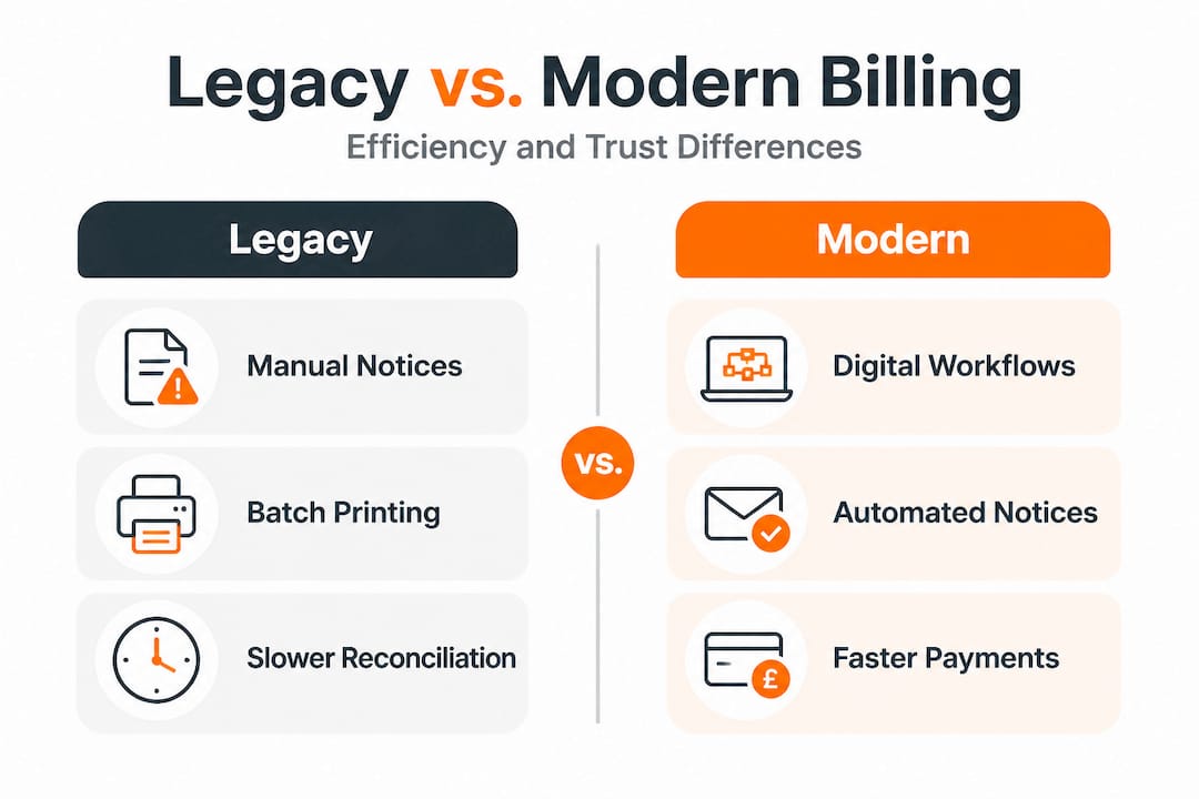 Infographic comparing legacy and modern billing systems