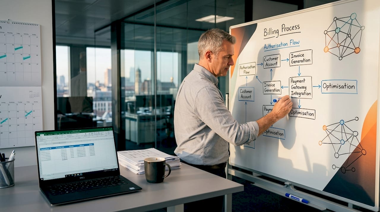 Manager reviewing insurance billing flowchart in office