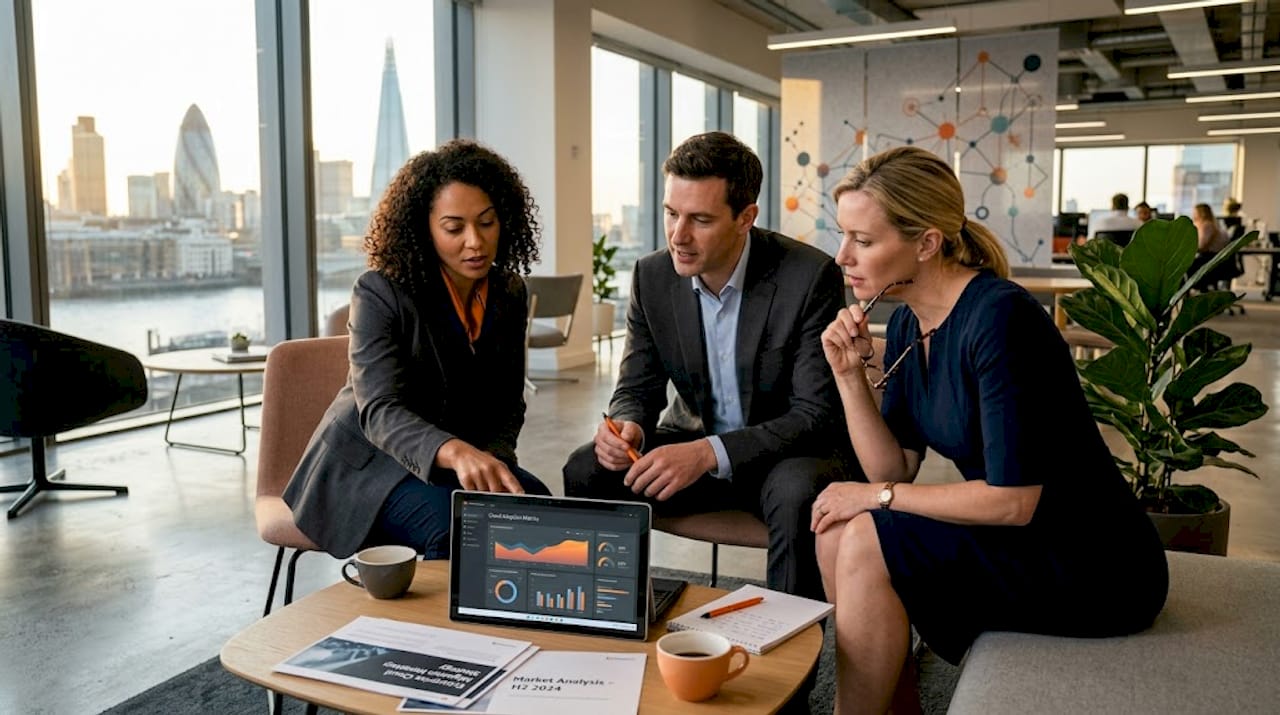 Insurance team discussing cloud adoption metrics