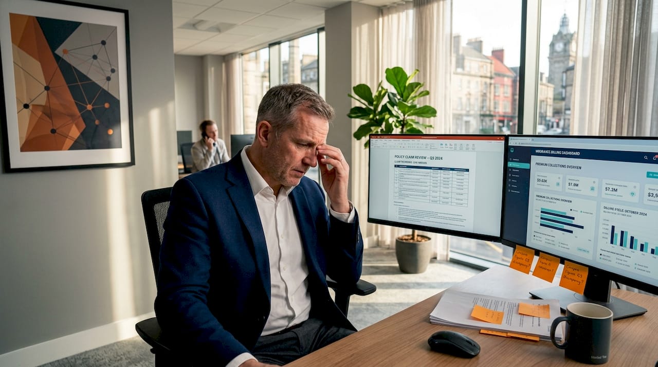 Worker reviewing digital insurance billing dashboard