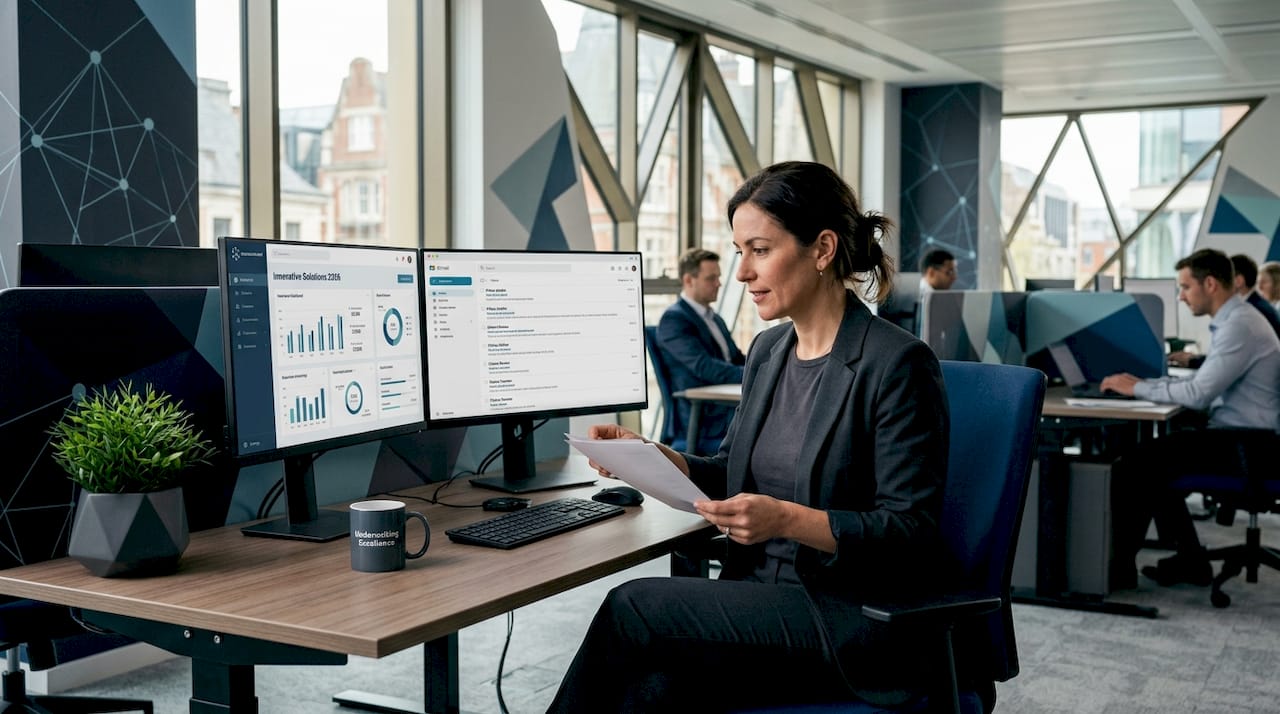 Insurance professional reviewing innovation dashboard