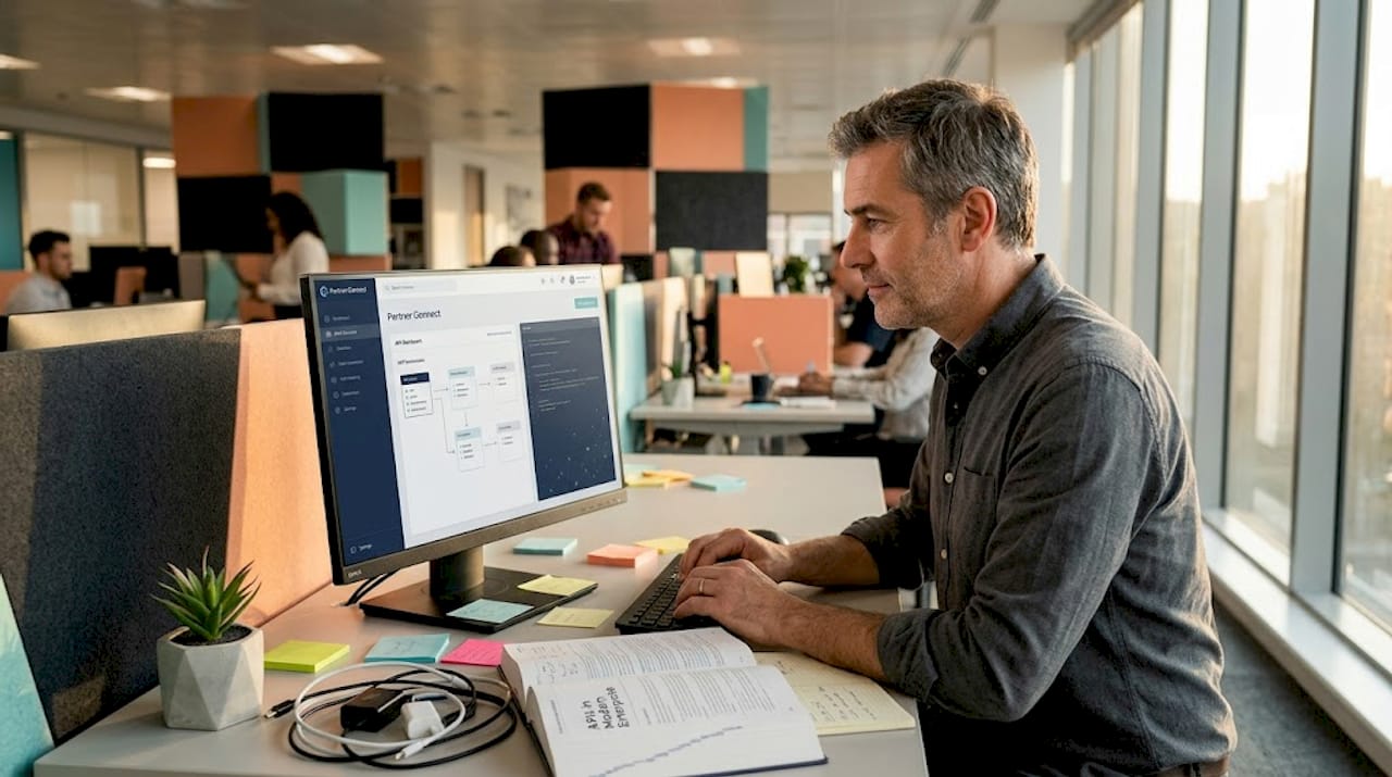 Insurance specialist reviewing API integration dashboard