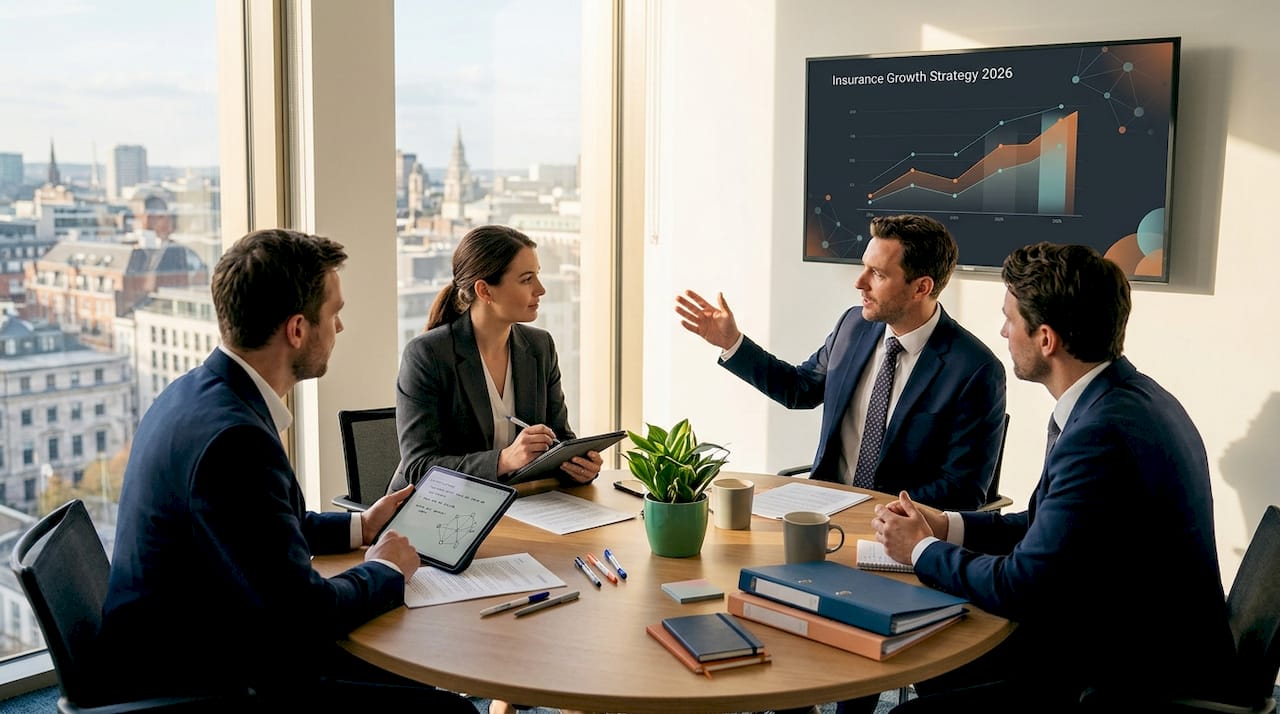 Insurance team collaborating in modern office