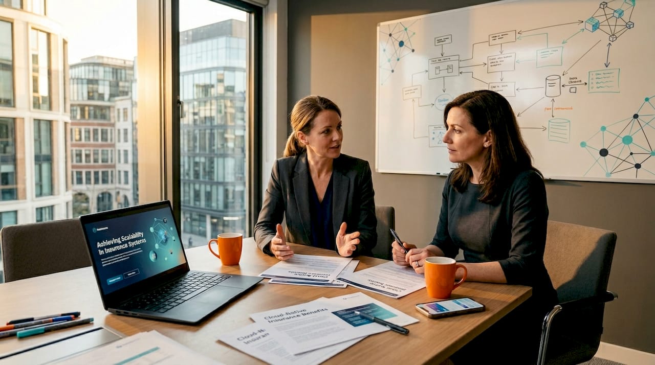 Colleagues discussing cloud-native insurance benefits