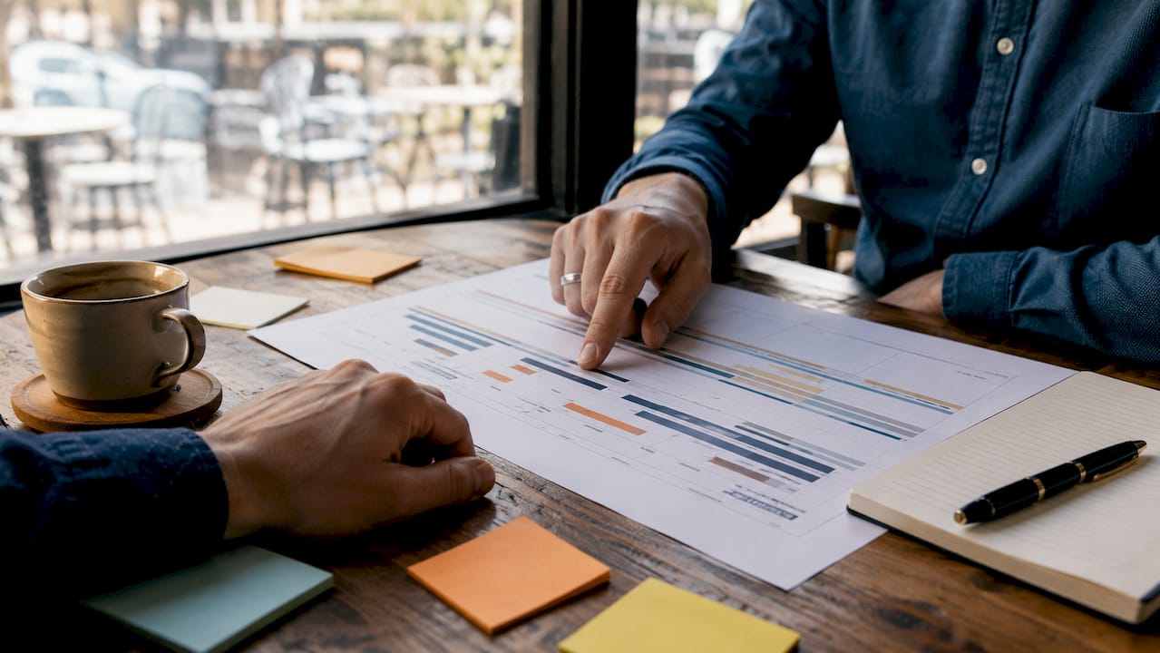 Hands analyzing insurance launch timeline charts