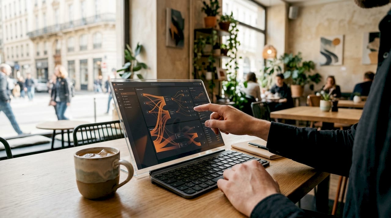 Hands interacting with digital billing automation dashboard