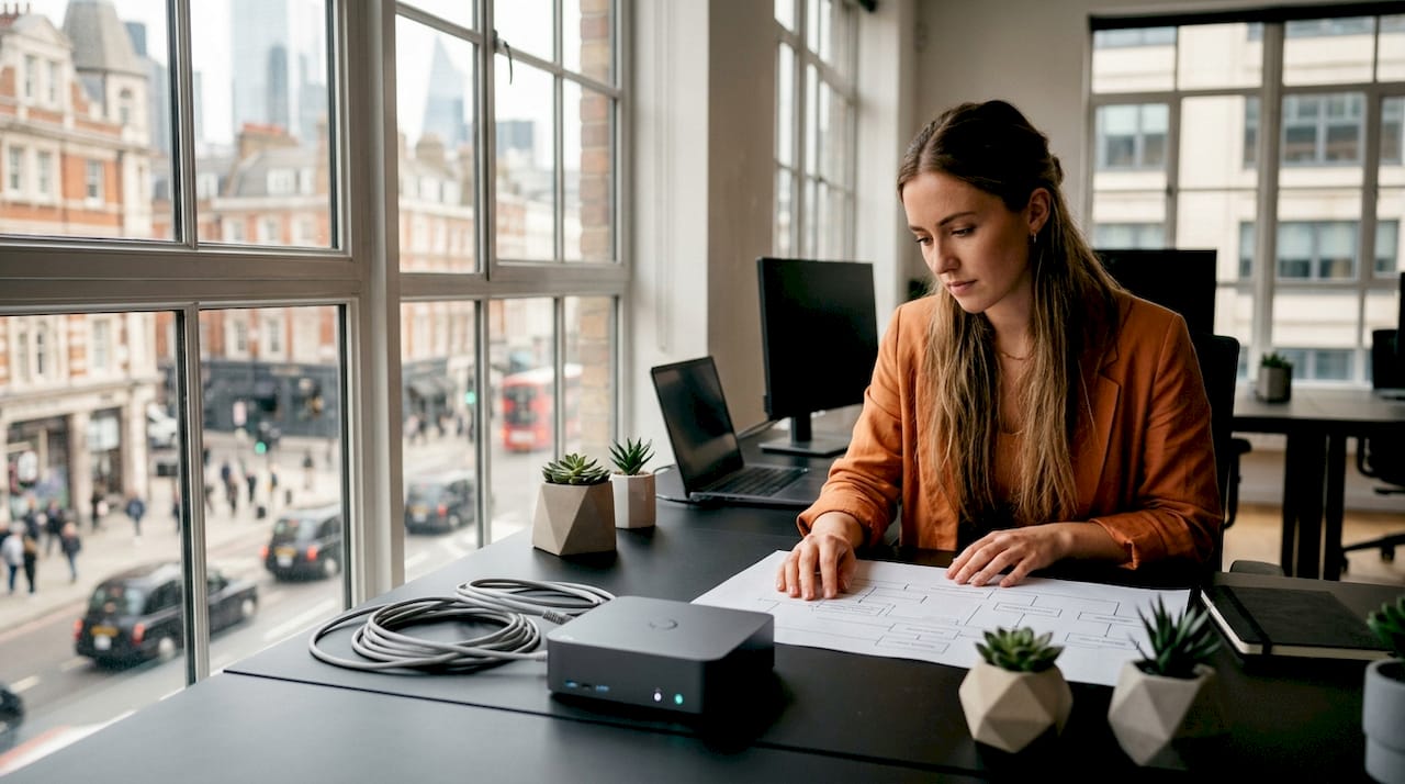 Glass desk with network devices and monitors off