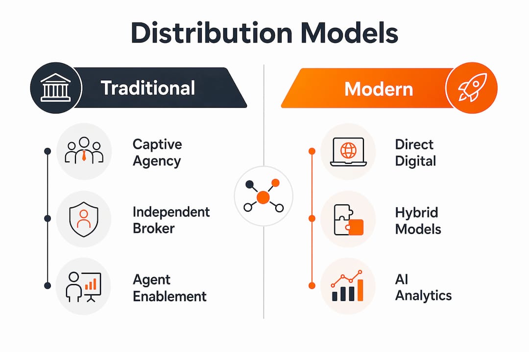 Infographic comparing traditional and modern insurance distribution models