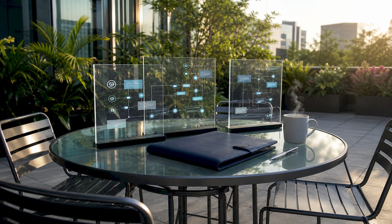 Acrylic panels showing insurance claims data flow diagrams