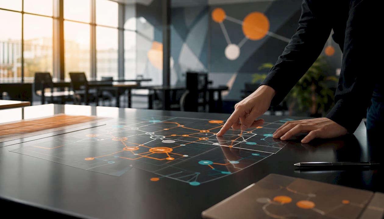 Hands mapping API data flows on transparent sheets