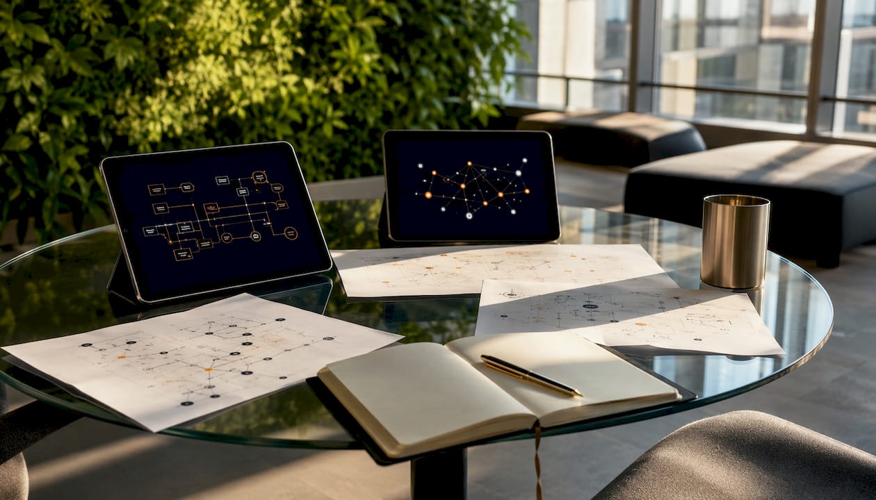 Overhead shot of tablets with data flow diagrams and documents