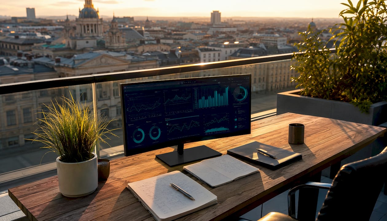 Curved monitor showing financial dashboard and desk setup