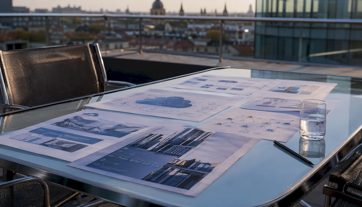 Conference table with insurance modernisation plans and tech devices