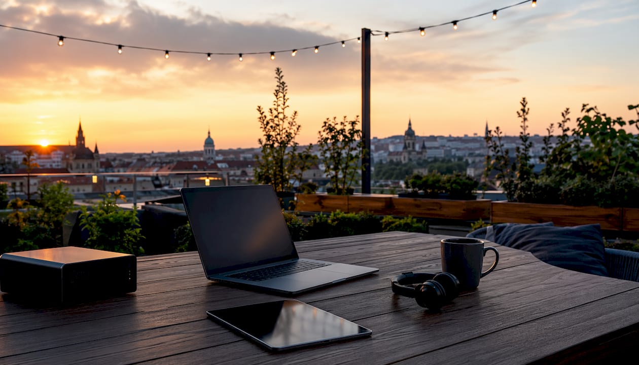 Cloud-native API orchestration workspace on rooftop with European skyline