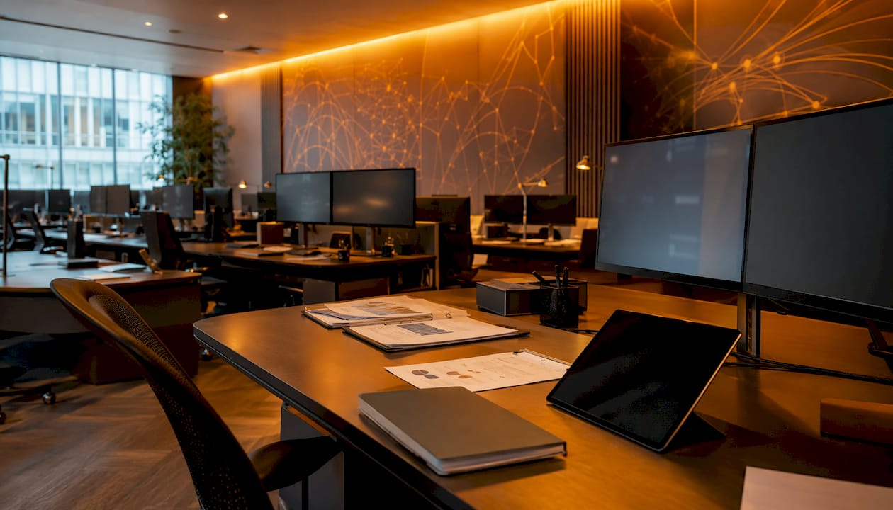 Underwriting risk scoring technology center interior with European design influences