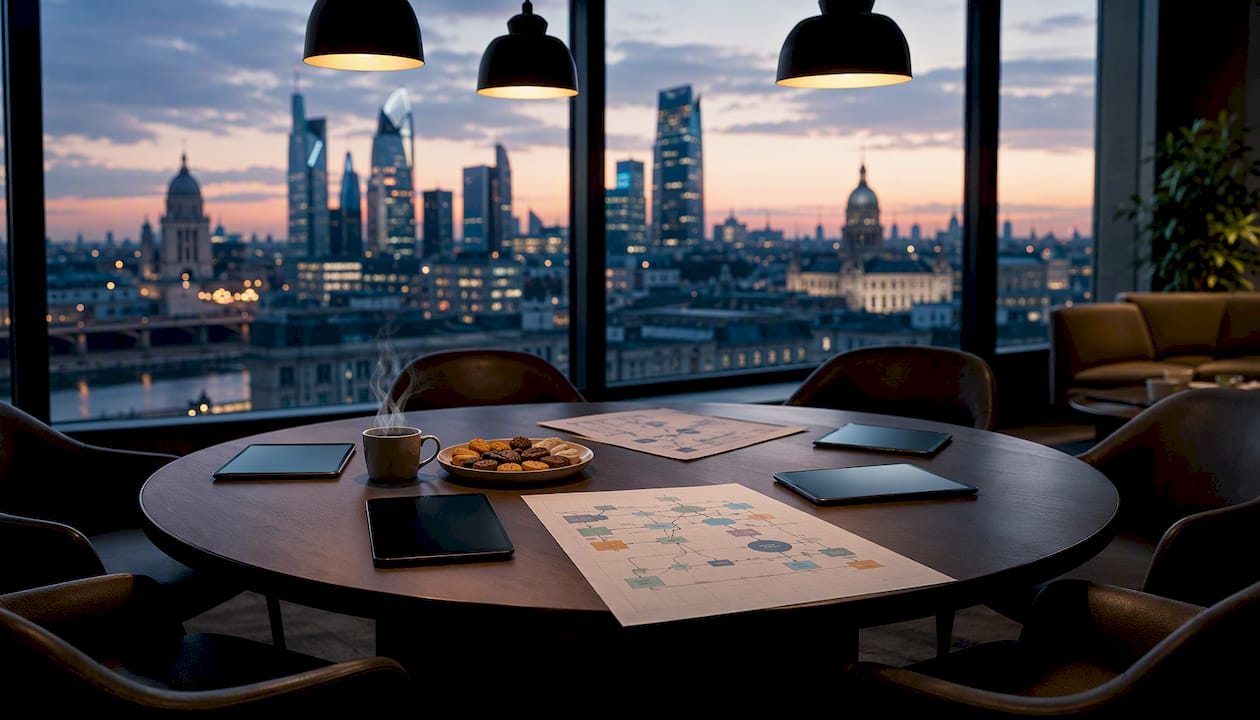 Overhead view of insurance automation tools on table