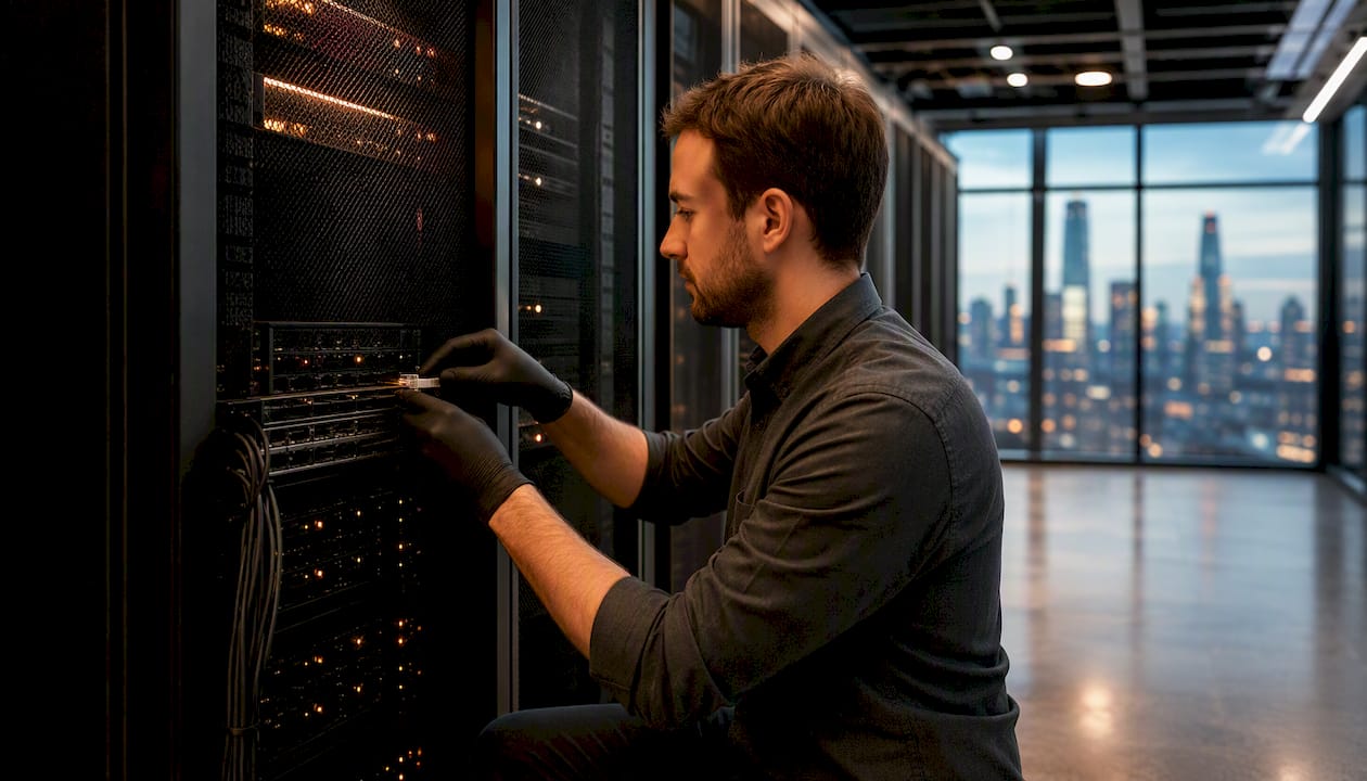 Technician connecting network cable in server room