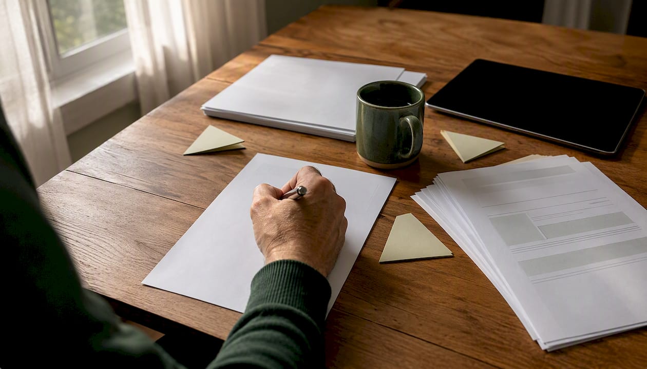 Close-up of hand writing on review workflow documents