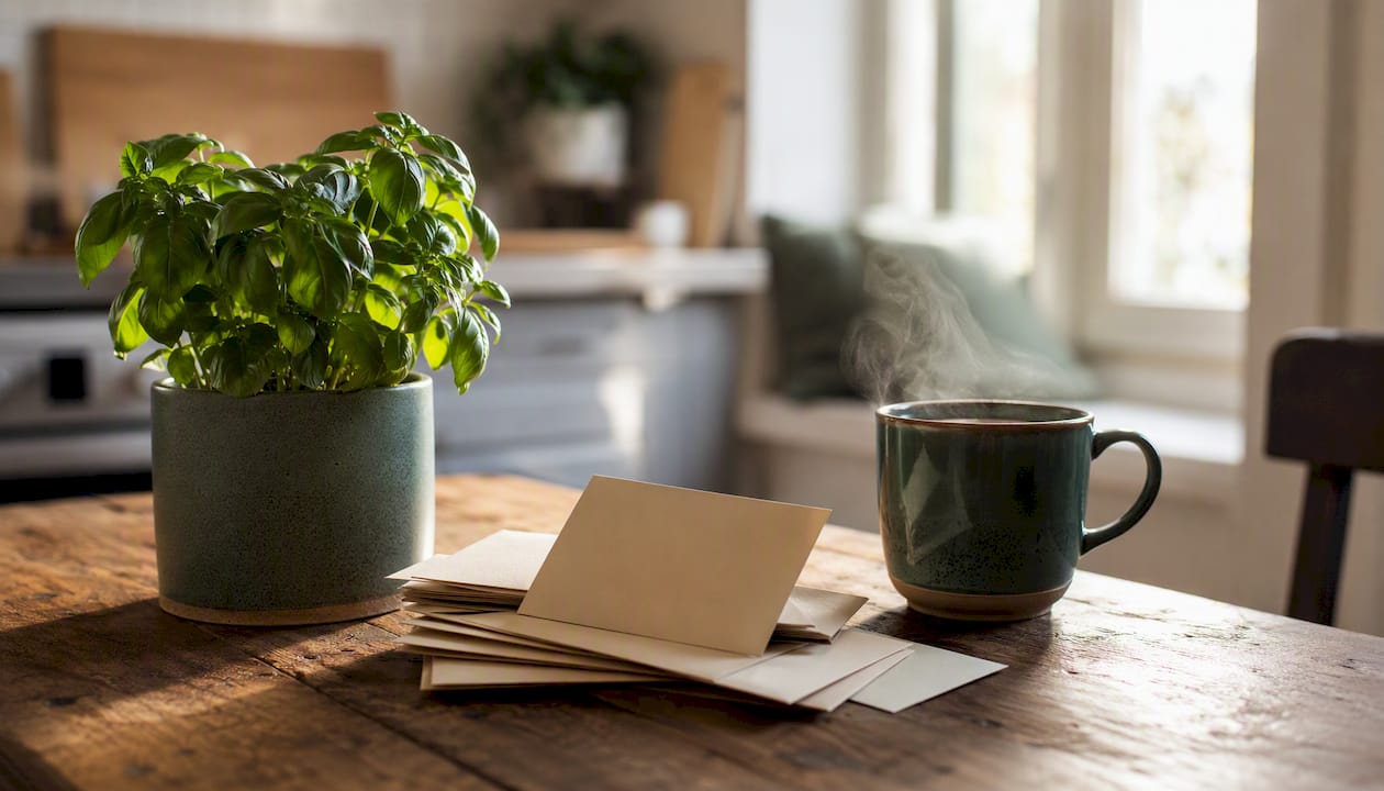 Thank you cards and mug on desk
