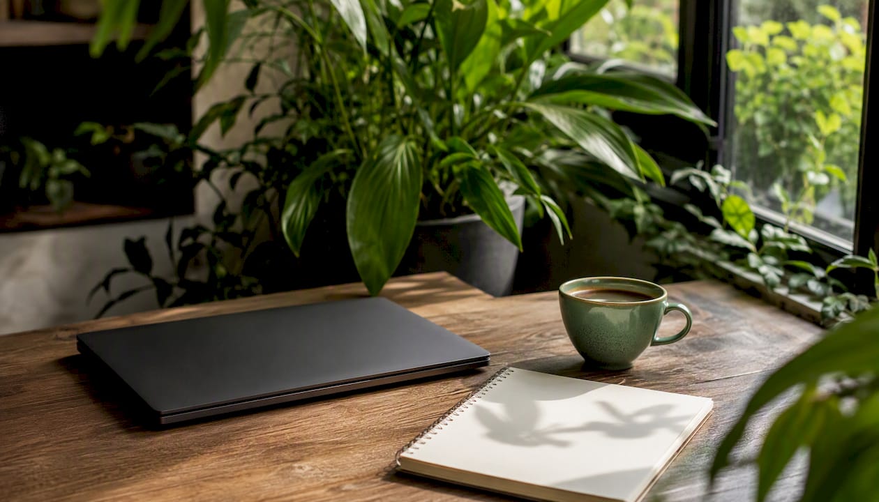 Workspace with laptop and coffee cup
