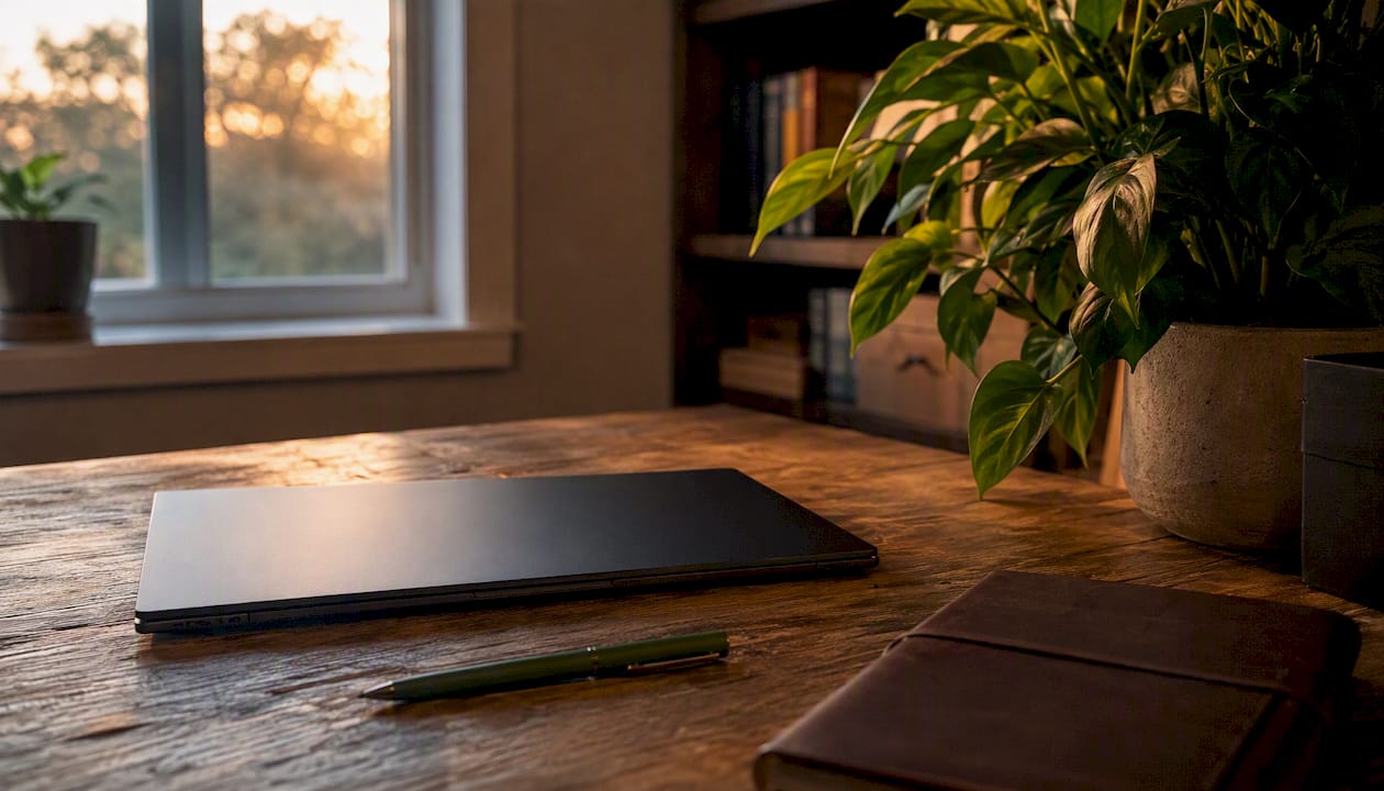 Desk corner with tablet, pen, and plant
