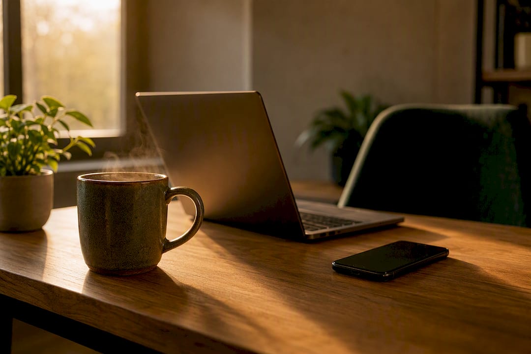 Coffee mug and smartphone on wooden desk with plant