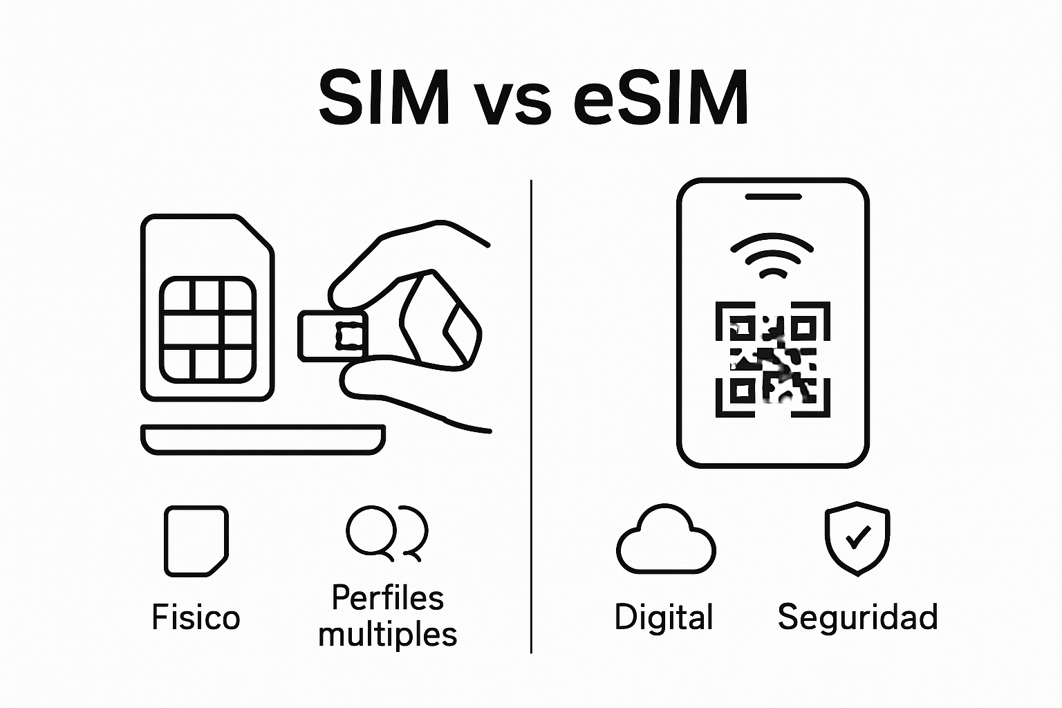 Comparison infographic of sim física vs sim virtual.