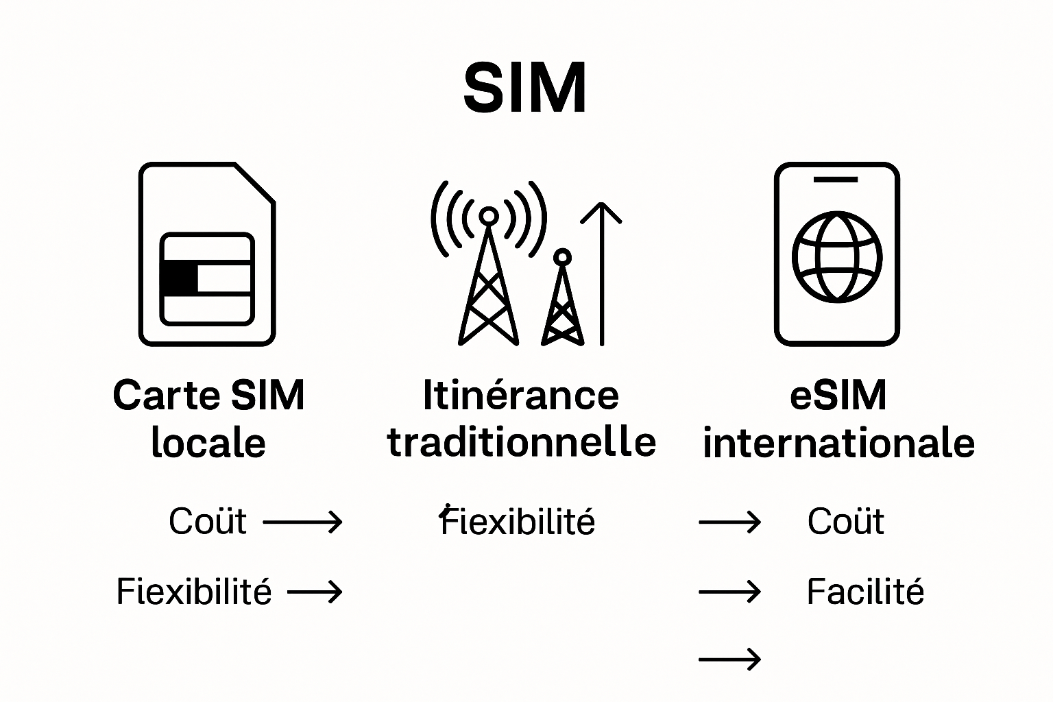 Comparaison visuelle simple entre cartes SIM locales, itinérance classique et eSIM internationale
