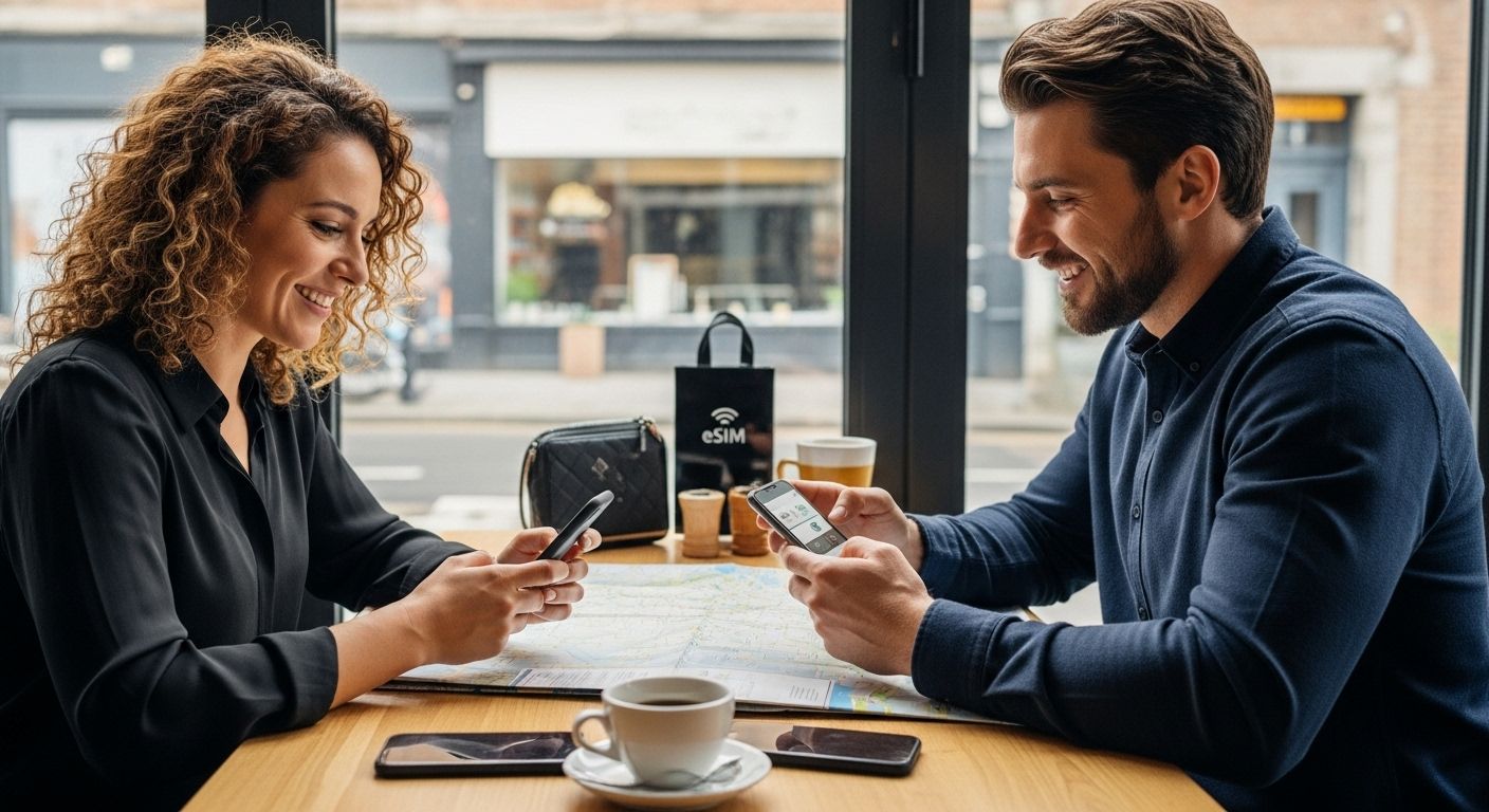 configuración eSIM viajeros cafetería