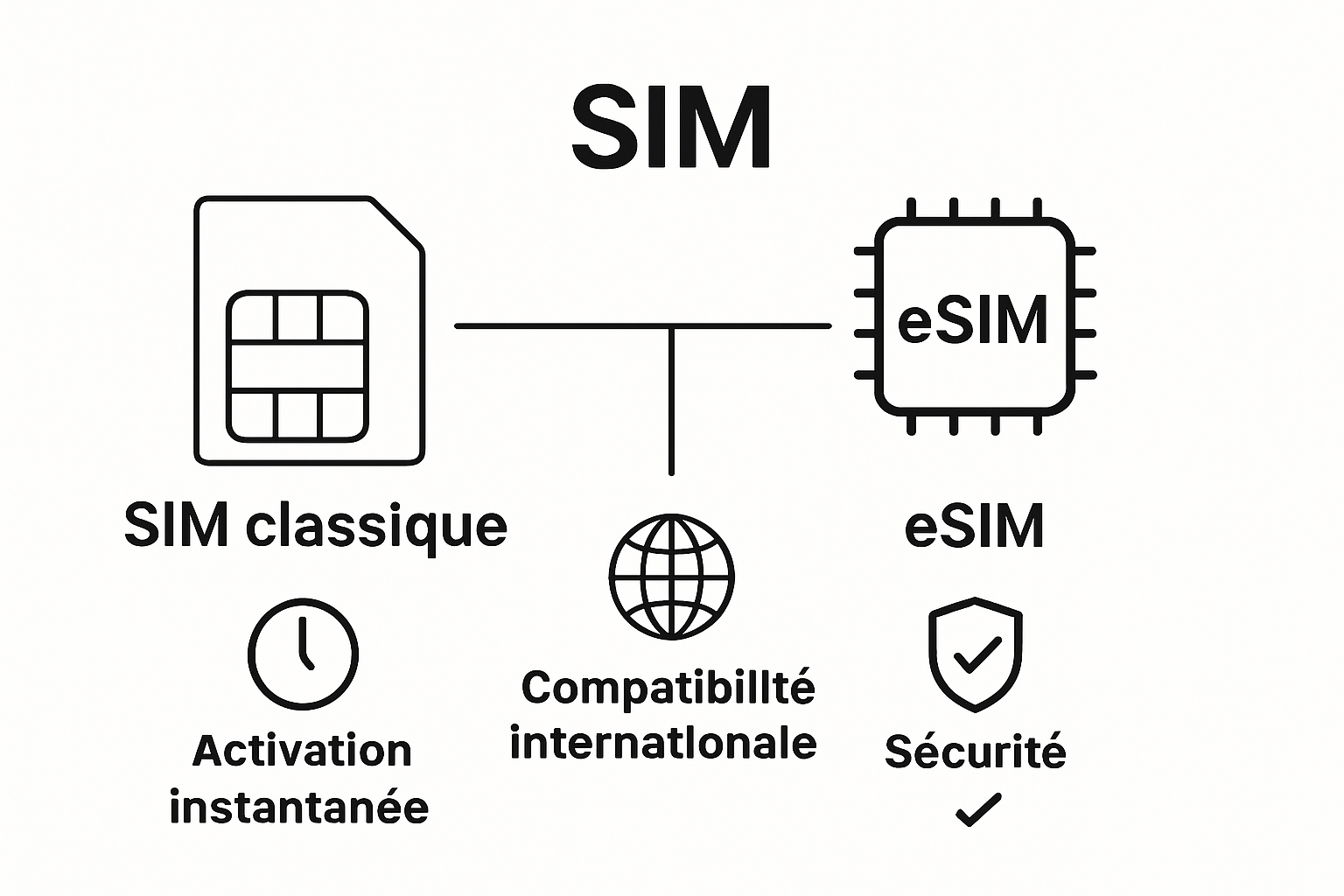 Comparaison visuelle claire entre eSIM et carte SIM traditionnelle.