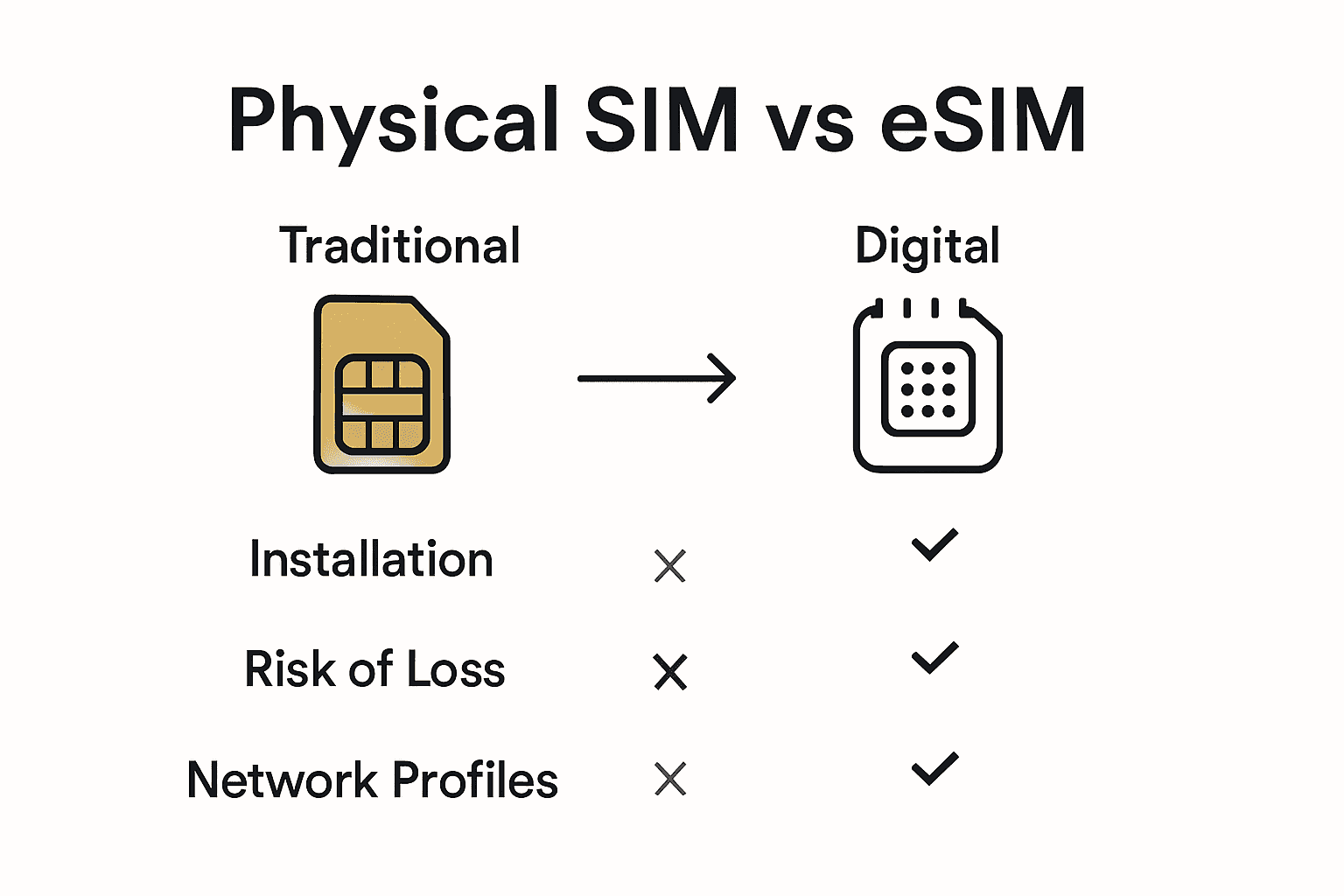 Infographic comparing physical SIM cards and eSIM for travelers.